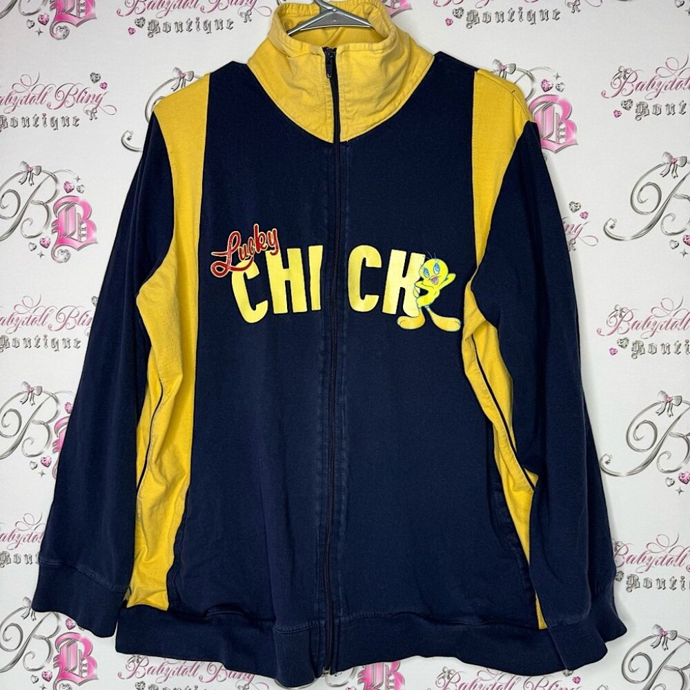 Tweety bird sweater zip up hoodie lucky chich with sparkly red and cute decal